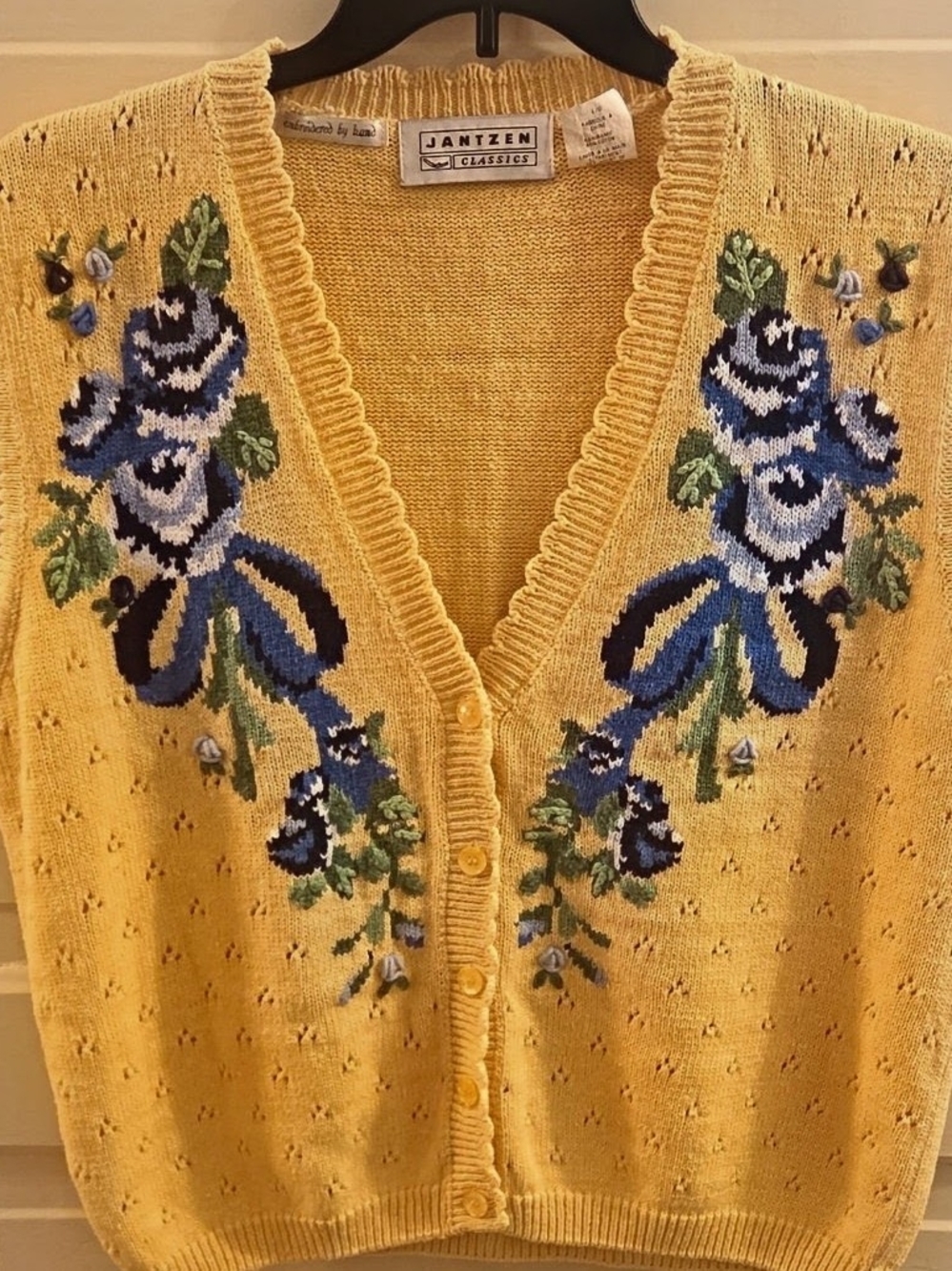 80s-90s Jantzen Hand Embrodered Yellow V-Neck Cardigan with Blue Floral